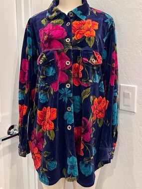 Vintage Carole Little velour floral print button-Up Navy Velvet Shirt Jacket